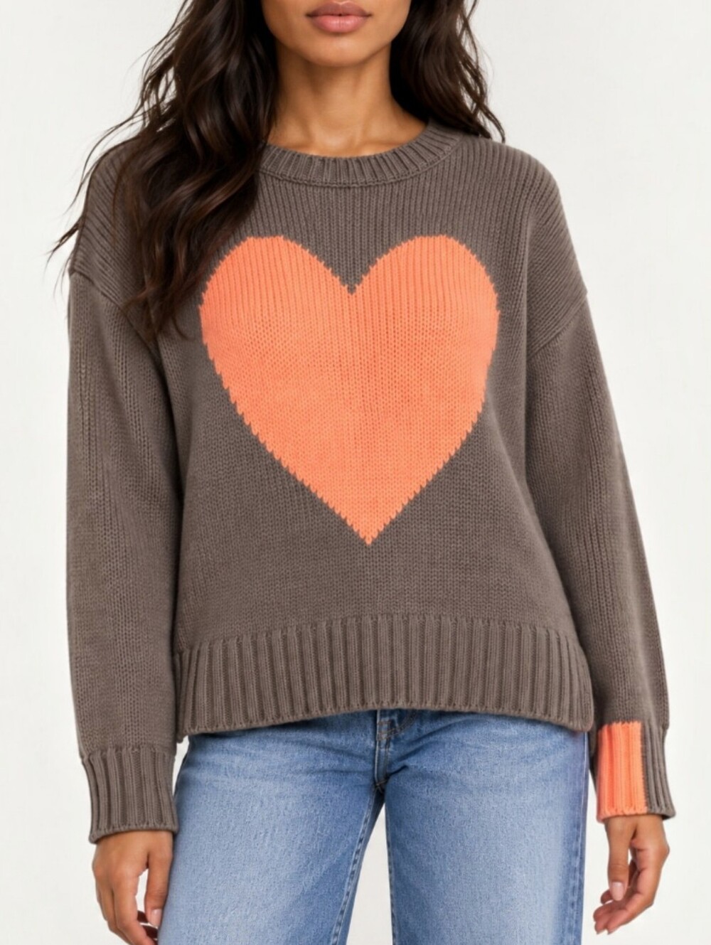 Lisa Todd Mad Love Heart Sweater S Taupe Coral Intarsia Knit Crewneck Valentine